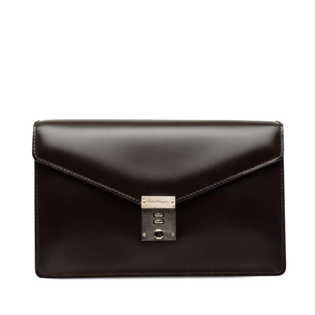 Ferragamo Leather Dial Lock Clutch Brown Leather Very good - Front View