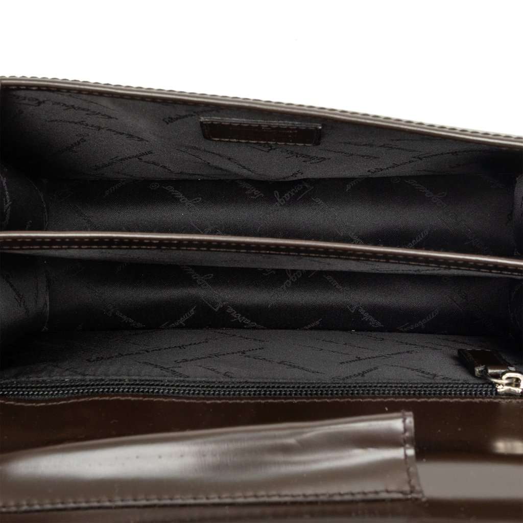 Ferragamo Leather Dial Lock Clutch Brown Leather Very good - Model View