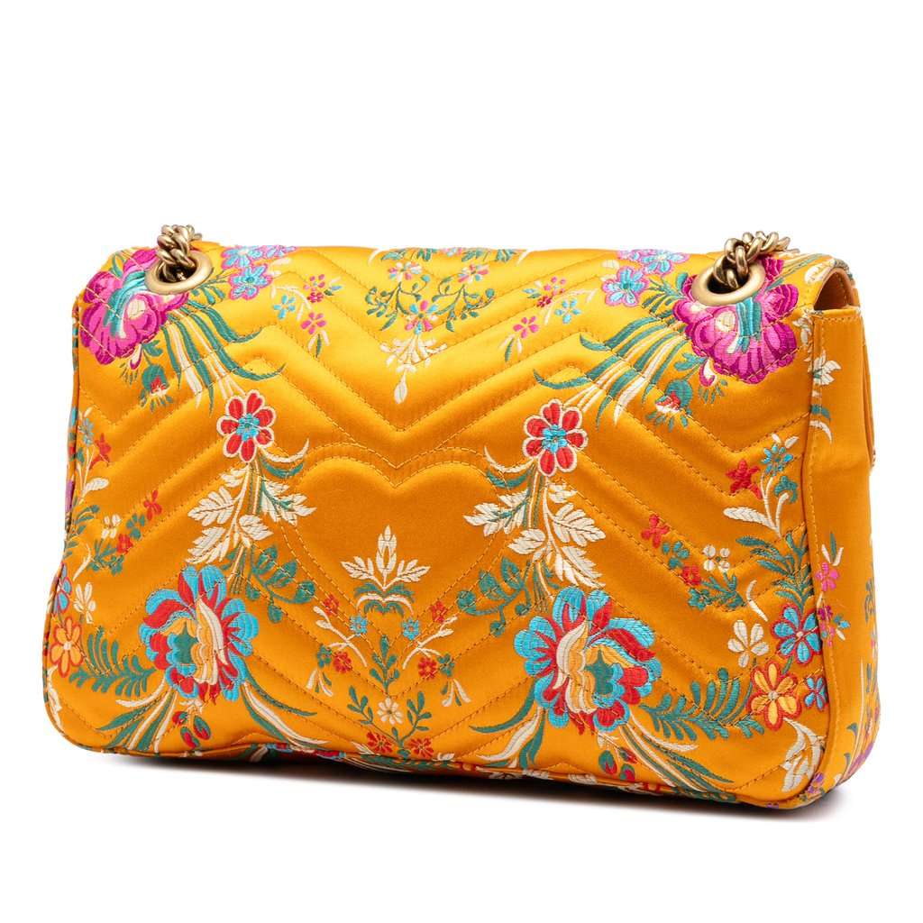 Gucci Large GG Marmont Matelasse Silk Embroidered Floral Shoulder Bag Yellow Very good condition - Back View