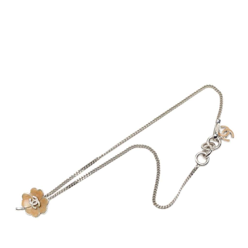 Chanel CC Brass Enamel and Strass Clover Pendant Necklace Silver Metal Very good - Front View