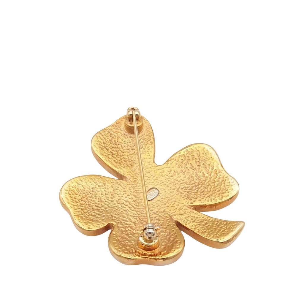 Chanel CC Gold Plated Resin Four Leaf Clover Brooch Gold Metal Very good condition - Back View