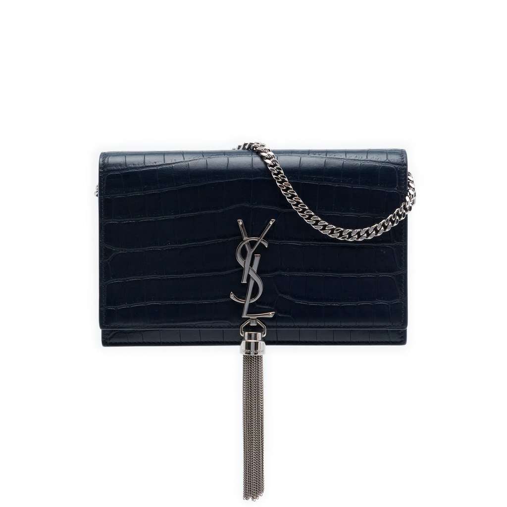 Saint Laurent Croc Embossed Leather Monogram Kate Tassel Wallet on Chain Blue Leather Very good - Front View
