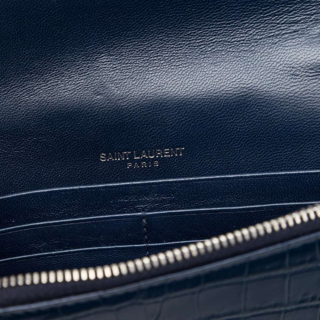 Saint Laurent Croc Embossed Leather Monogram Kate Tassel Wallet on Chain Blue Leather Very good - Box View