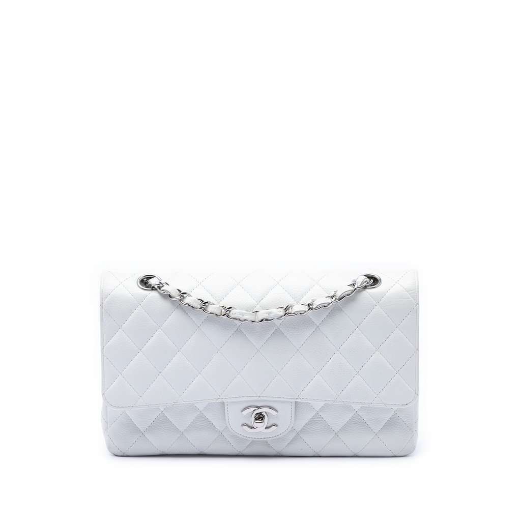 Chanel Medium Classic Caviar Double Flap White Leather Very good - Front View