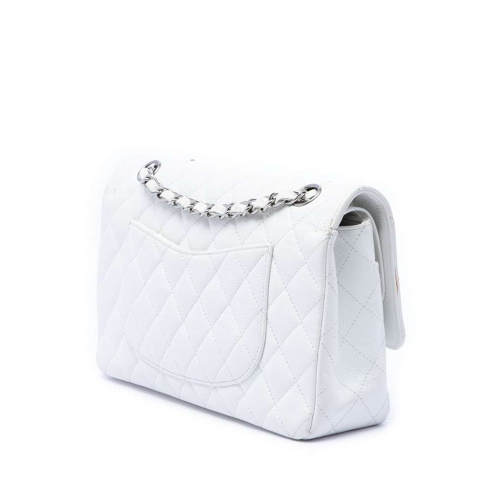 Chanel Medium Classic Caviar Double Flap White Leather Very good - Back View