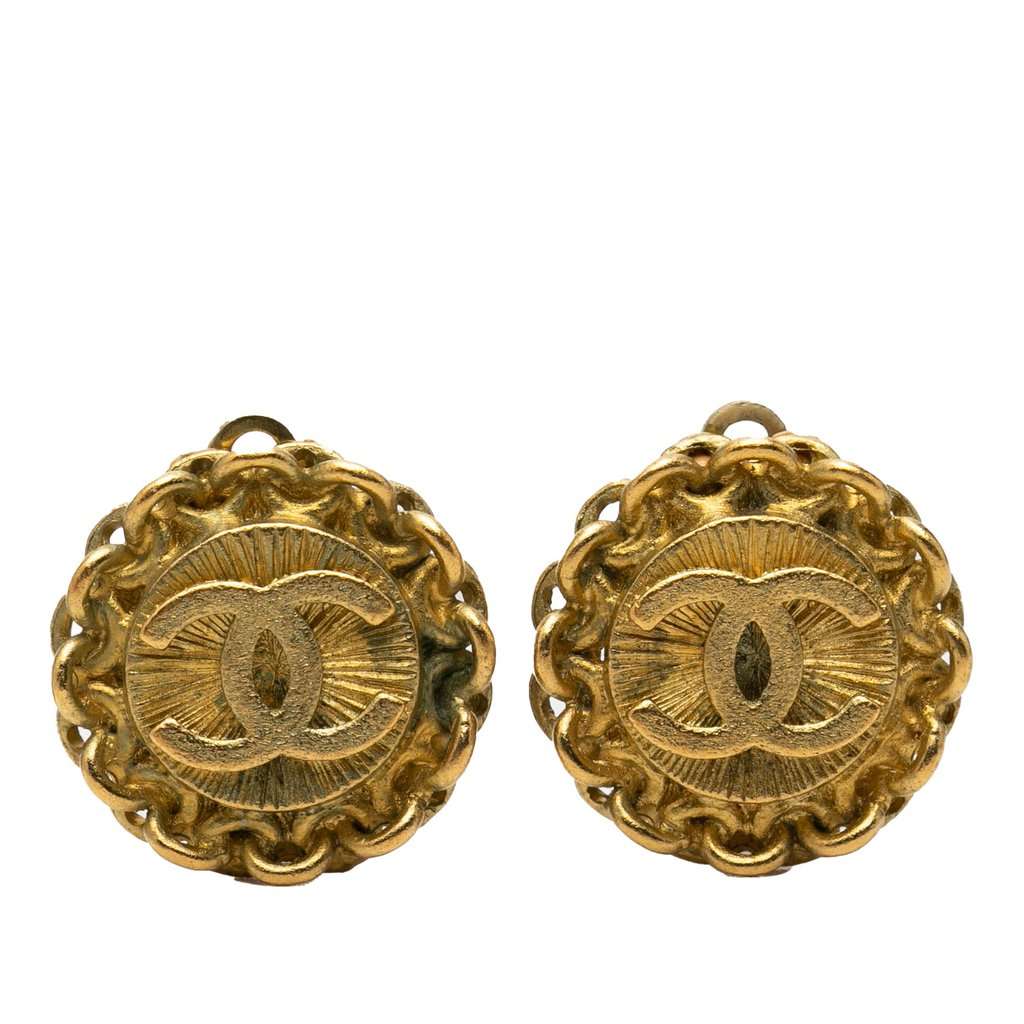 Chanel CC Gold Plated Round Clip On Earrings Gold Metal Very good - Front View