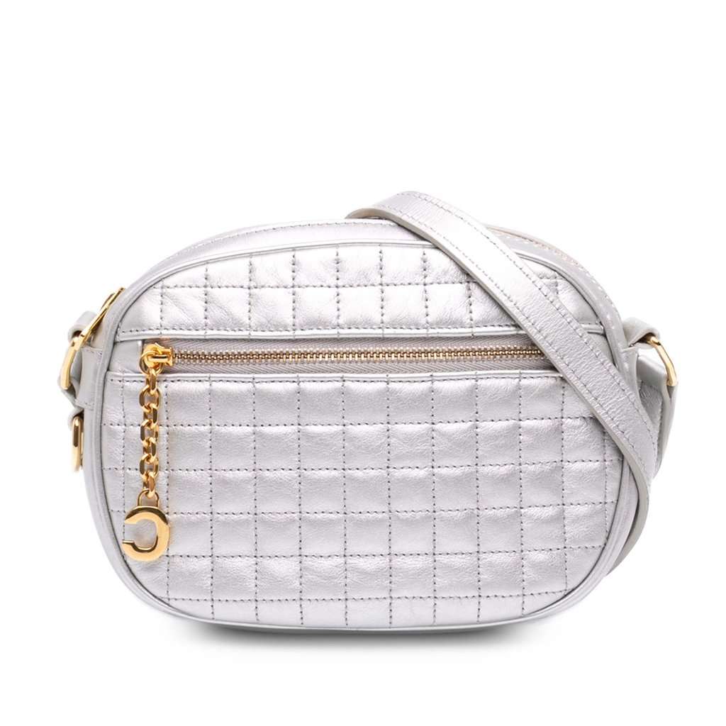 Celine Small Quilted Calfskin C Charm Camera Bag Silver Leather Very good - Front View