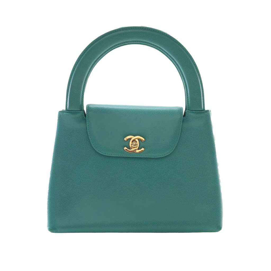 Chanel CC Caviar Kelly Top Handle Flap Green Leather Very good condition - Front View