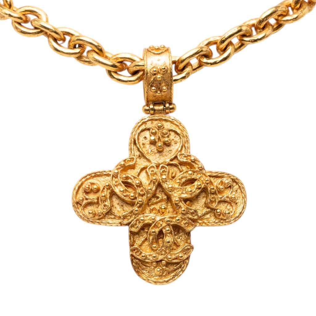 Chanel Triple CC Gold Plated Cross Pendant Necklace Gold Metal Very good - Back View