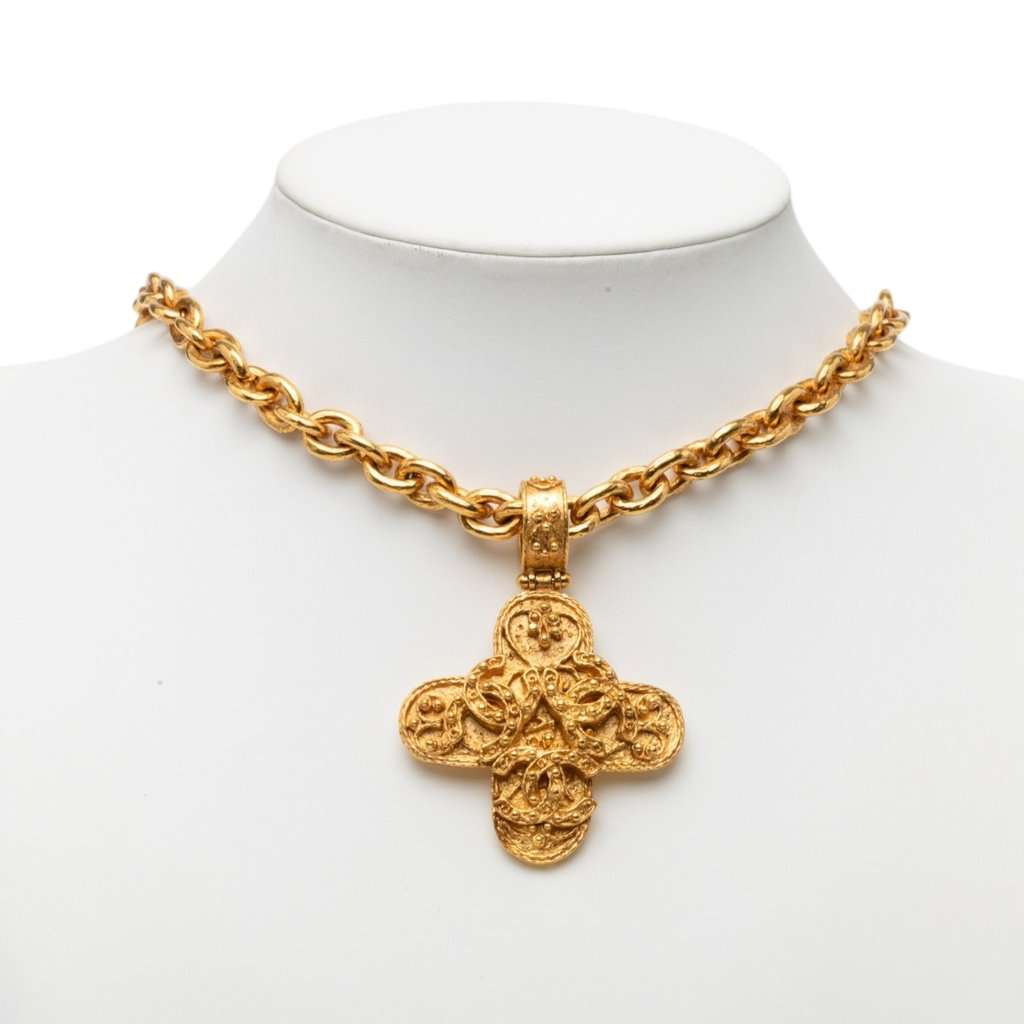 Chanel Triple CC Gold Plated Cross Pendant Necklace Gold Metal Very good - Box View