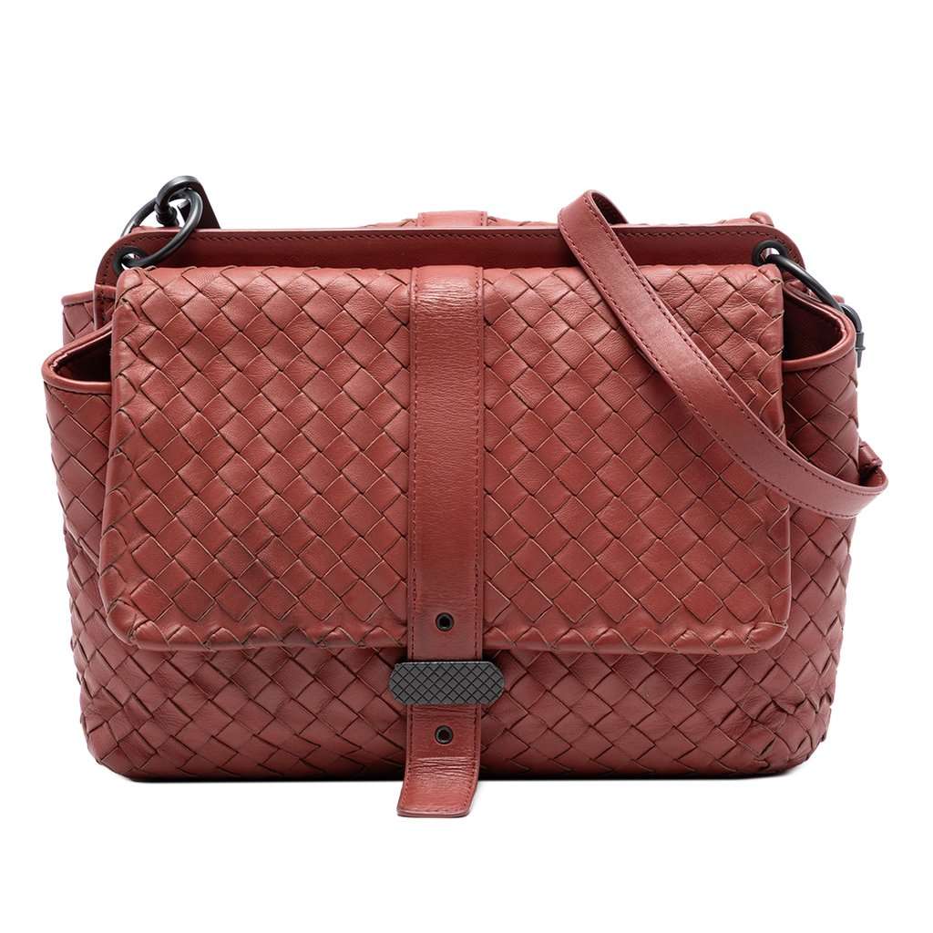 Bottega Veneta Nappa Intrecciato Double Sided Flap Messenger Bag Red Leather Very good condition - Front View