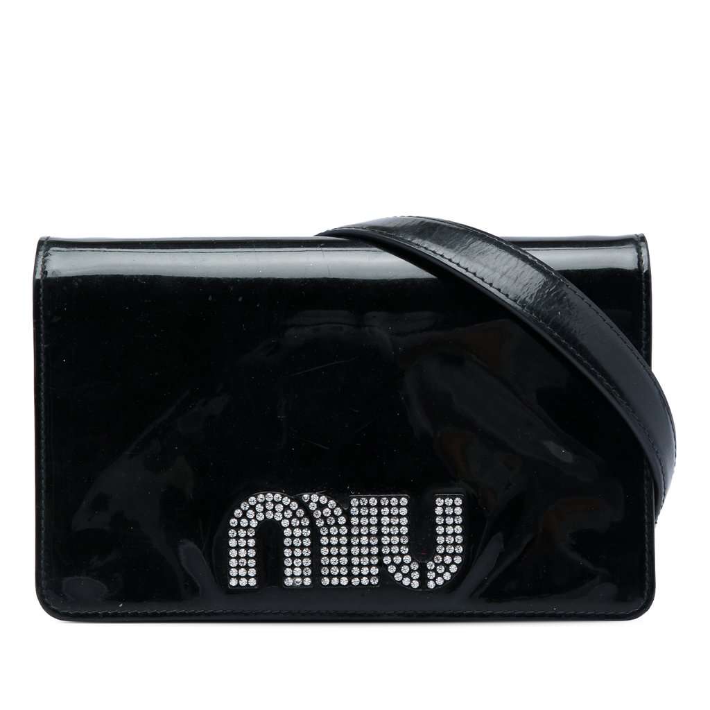 Miu Miu Patent Crystal Embellished Logo Wallet On Chain Black Leather Very good - Front View