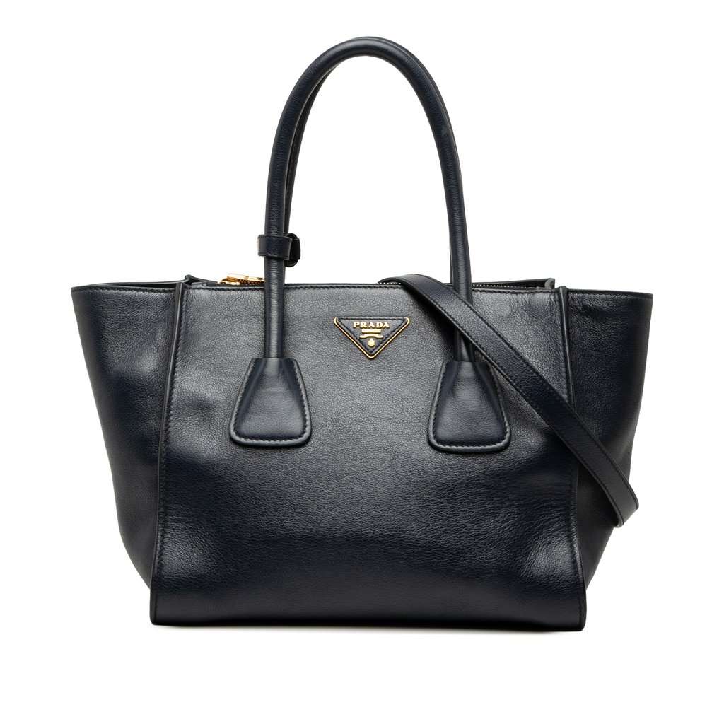Prada Glace Calf Twin Pocket Double Handle Satchel Blue Leather Very good condition - Front View