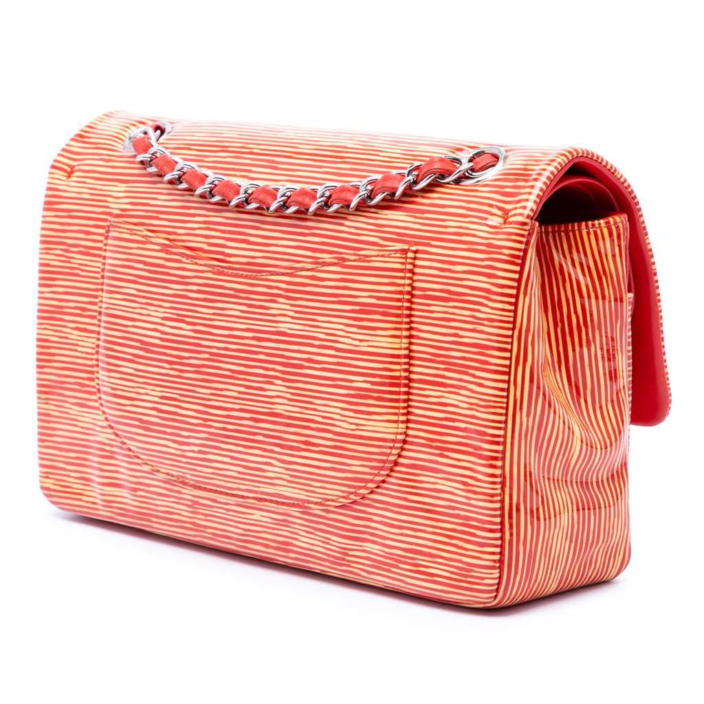 Chanel Medium Classic Patent Striped Double Flap Orange Leather Very good - Back View