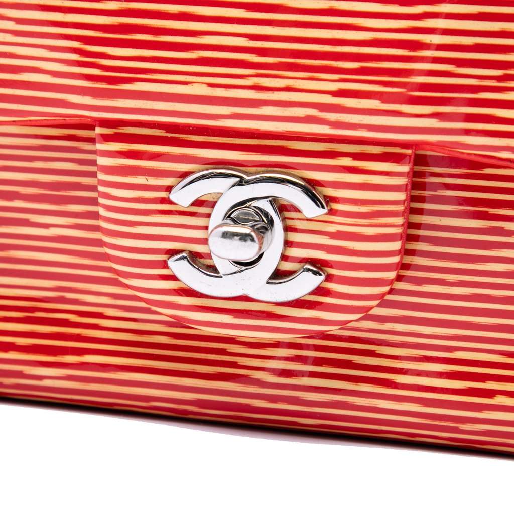 Chanel Medium Classic Patent Striped Double Flap Orange Leather Very good - Box View