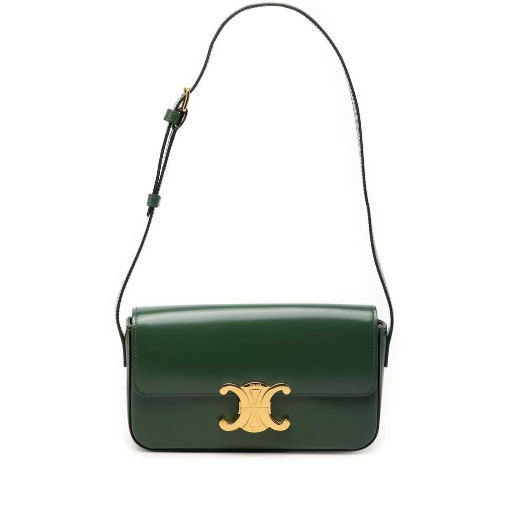 Celine Shiny Calfskin Claude Shoulder Bag Green Leather Very good condition - Front View