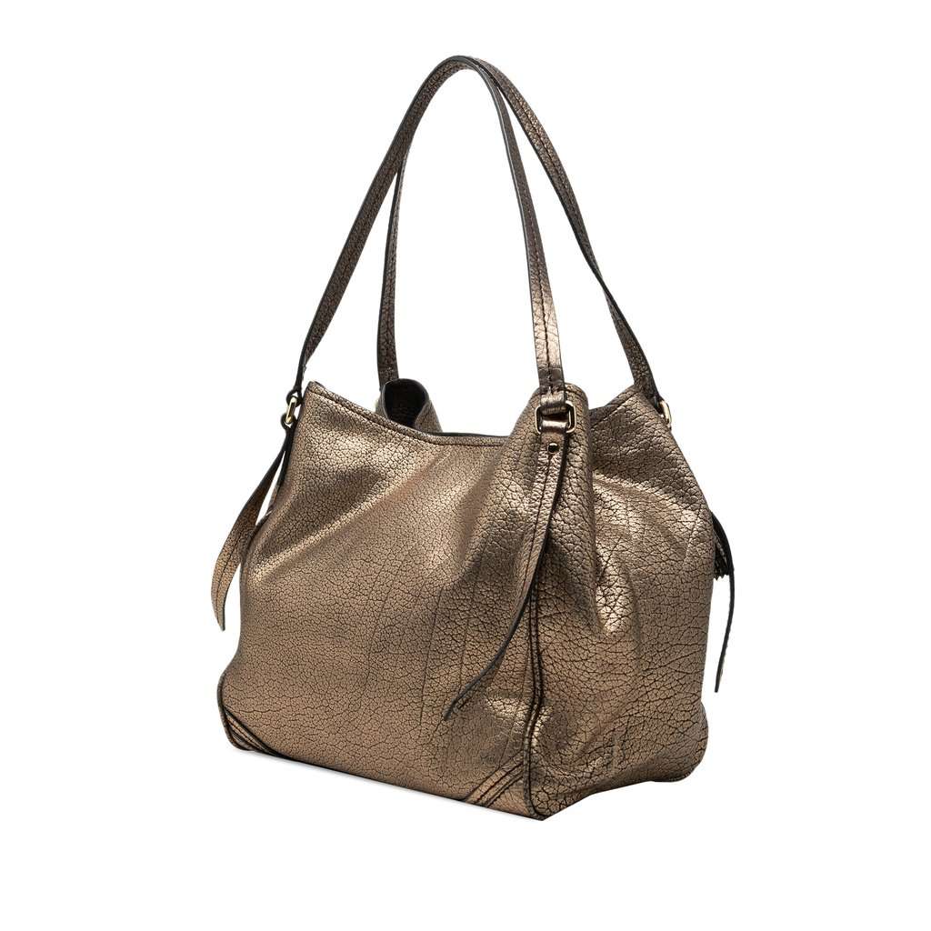 Burberry Small Metallic Grained Calfskin Saddle Stitch Canterbury Tassel Tote Gold Leather Very good condition - Back View