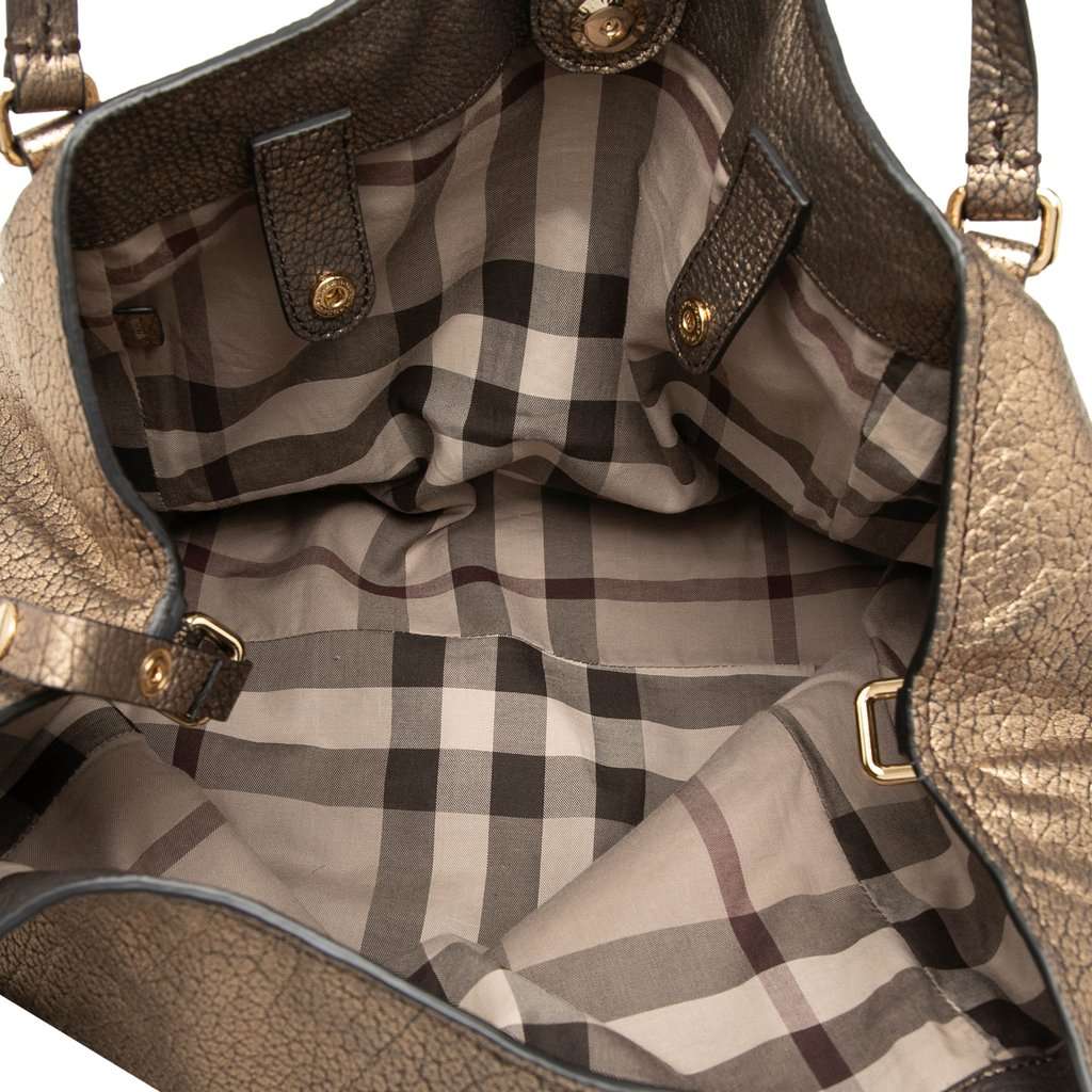 Burberry Small Metallic Grained Calfskin Saddle Stitch Canterbury Tassel Tote Gold Leather Very good condition - Model View