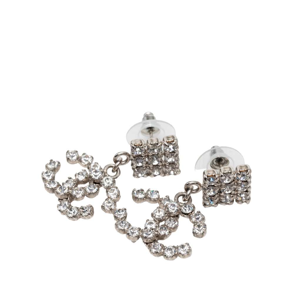 Chanel CC Brass Strass Drop Push Back Earrings Silver Metal Very good condition - Front View