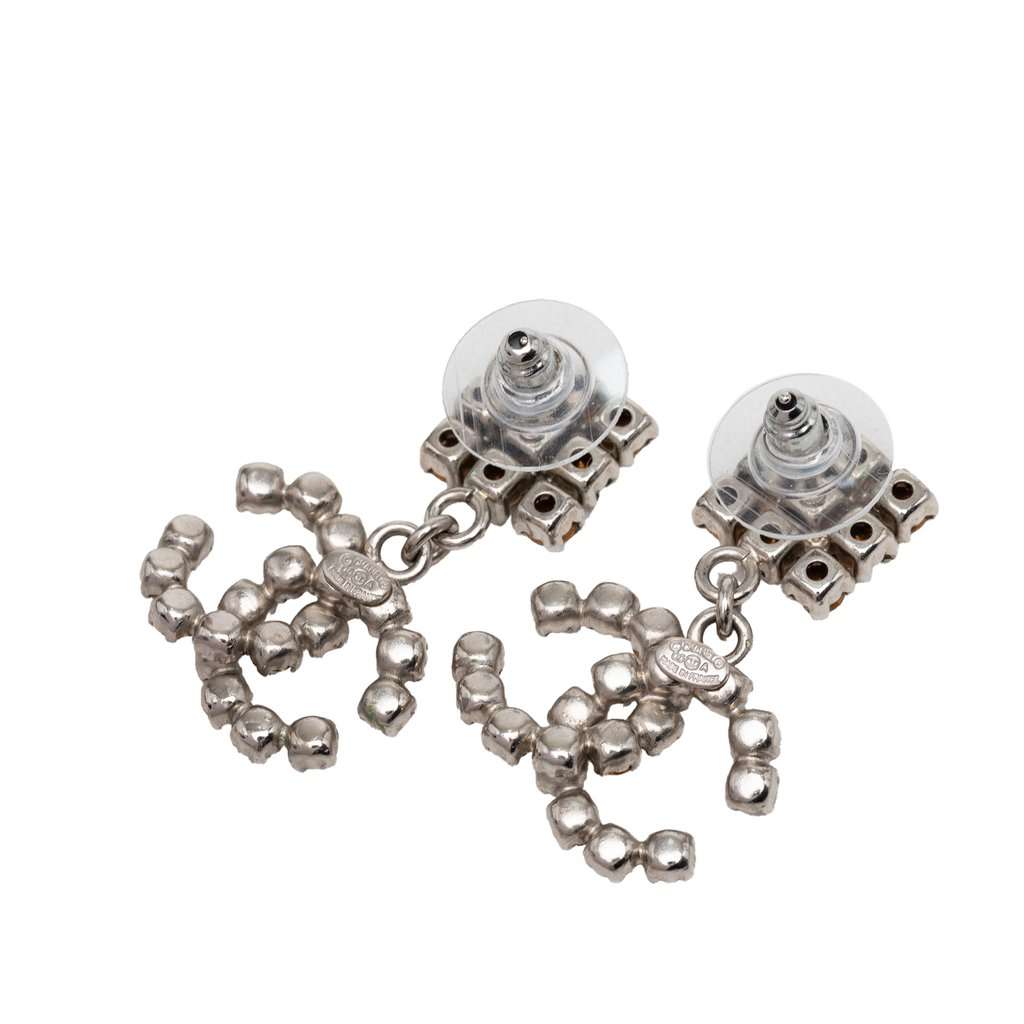 Chanel CC Brass Strass Drop Push Back Earrings Silver Metal Very good condition - Back View