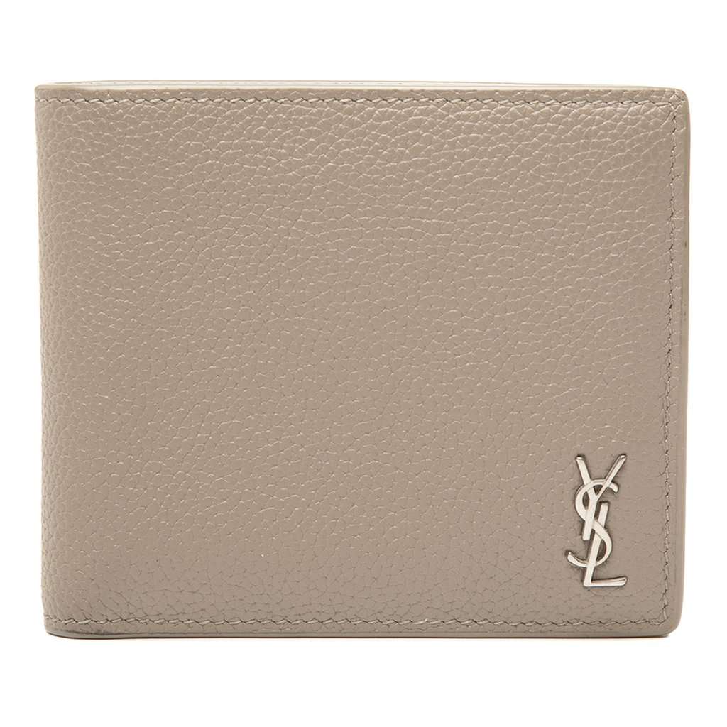 Saint Laurent Grained Leather Tiny Cassandre Bifold Wallet Beige Leather Very good - Front View