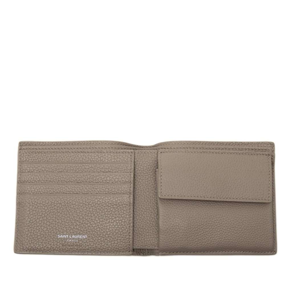 Saint Laurent Grained Leather Tiny Cassandre Bifold Wallet Beige Leather Very good - Model View