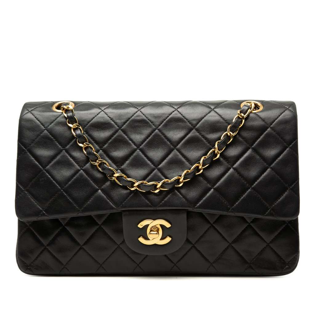 Chanel Medium Classic Lambskin Double Flap Black Leather Very good - Front View
