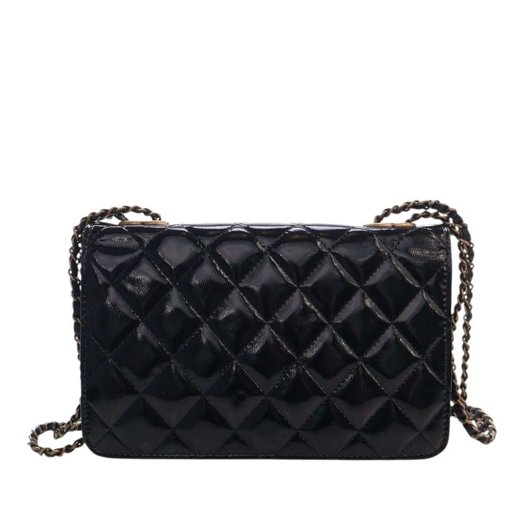 Chanel Quilted Patent and Goatskin CC Eyelet Wallet On Chain Black Leather Very good - Model View
