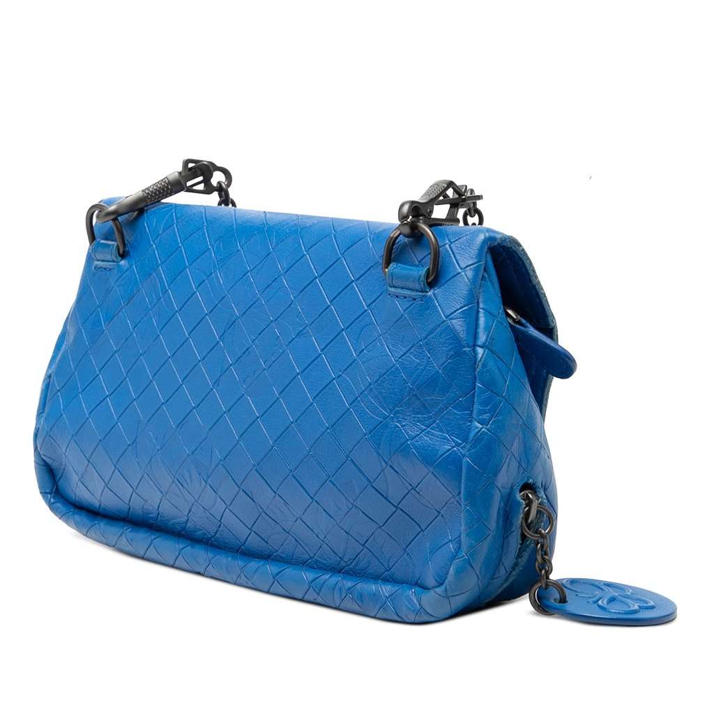 Bottega Veneta Small Calfskin Intrecciomirage Embossed Butterfly Chain Crossbody Blue Leather Very good - Back View