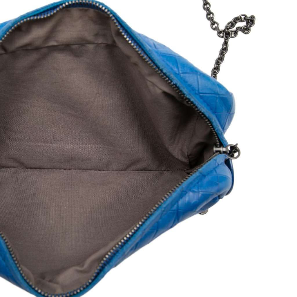 Bottega Veneta Small Calfskin Intrecciomirage Embossed Butterfly Chain Crossbody Blue Leather Very good - Model View
