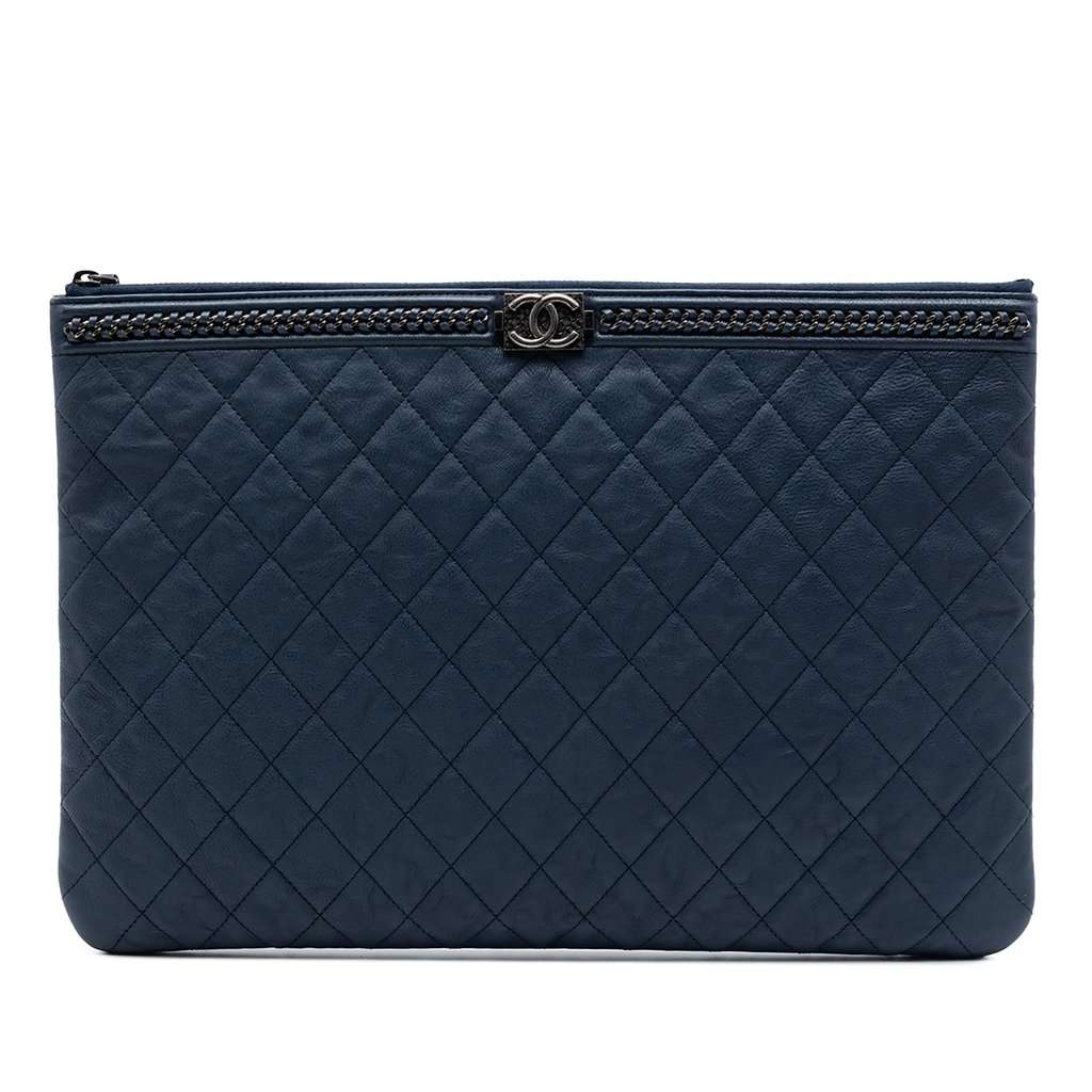 Chanel Large Quilted Calfskin Chain Boy O Case Clutch Blue Leather Very good condition - Front View