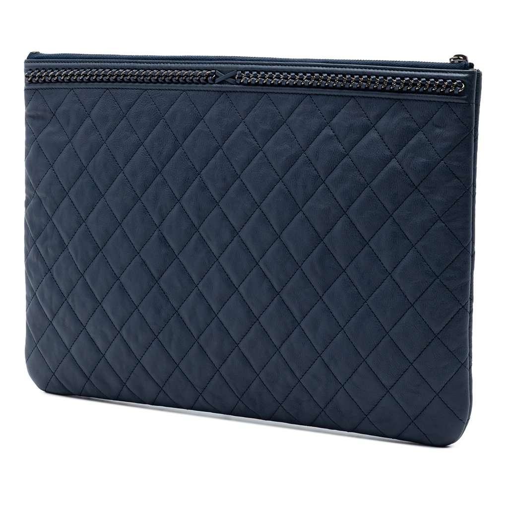 Chanel Large Quilted Calfskin Chain Boy O Case Clutch Blue Leather Very good condition - Back View