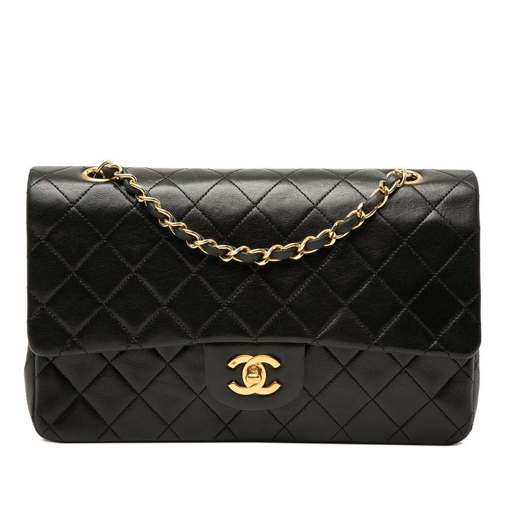 Chanel Medium Classic Lambskin Double Flap Black Leather Very good condition - Front View