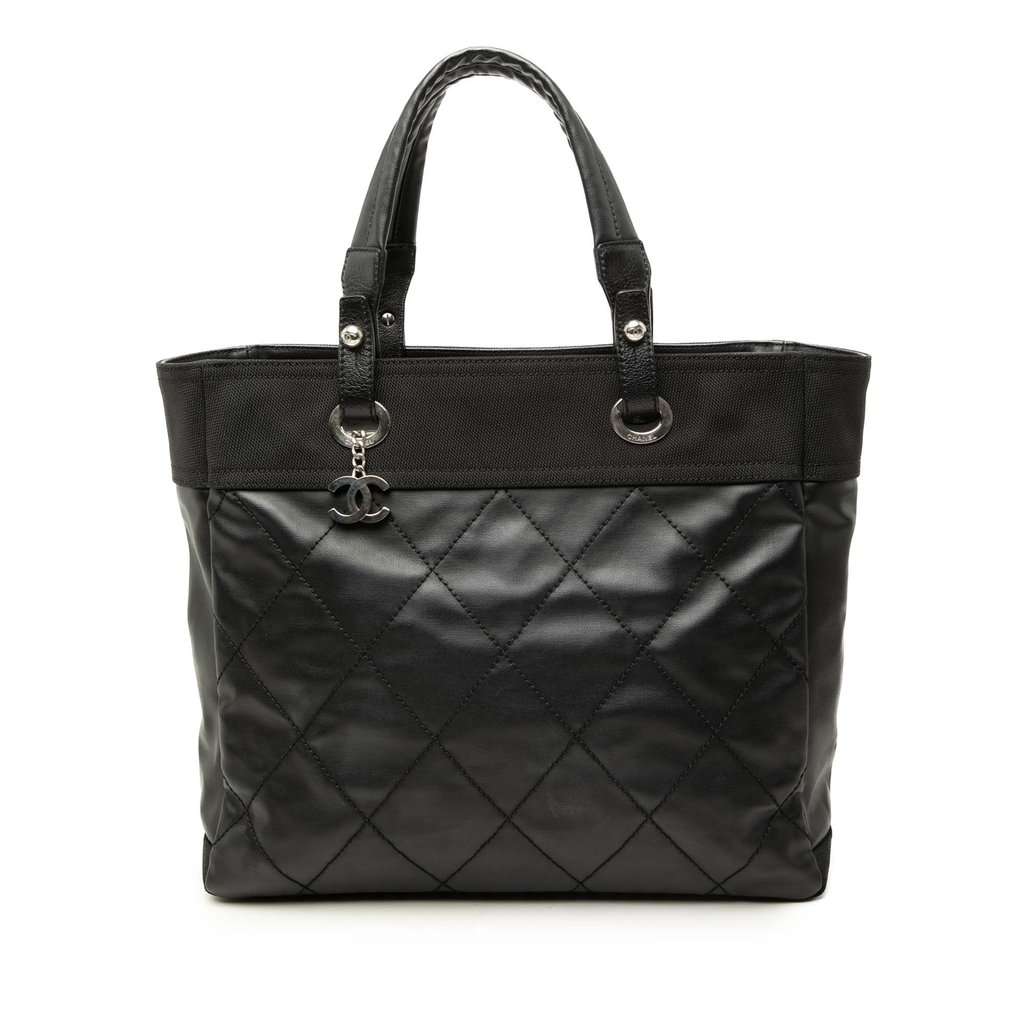 Chanel Medium Quilted Coated Canvas Paris Biarritz Tote Black Very good - Front View