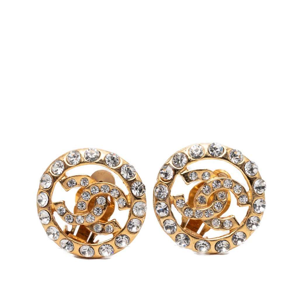 Chanel CC Gold Plated Strass Round Clip On Earrings Gold Metal Very good condition - Front View