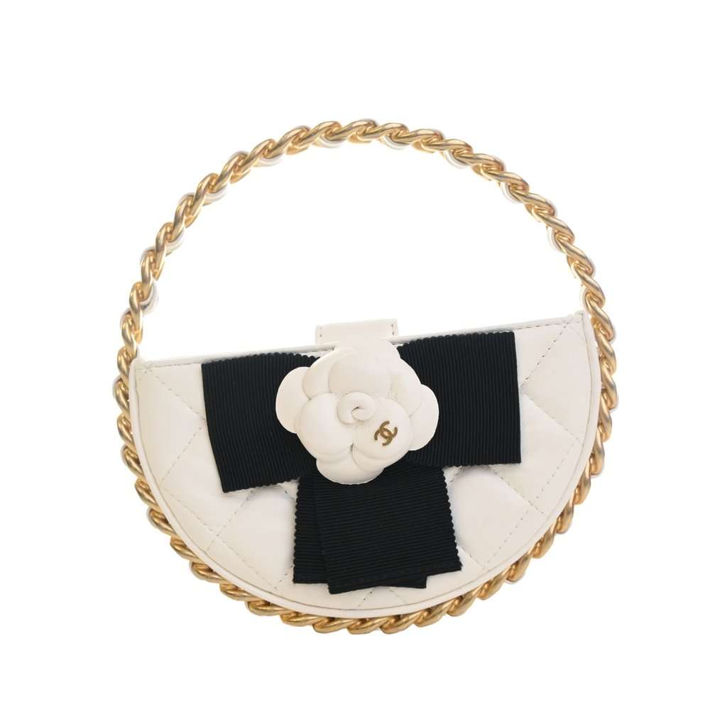 Chanel Mini Lambskin Round Camellia Clutch White Leather Very good - Front View
