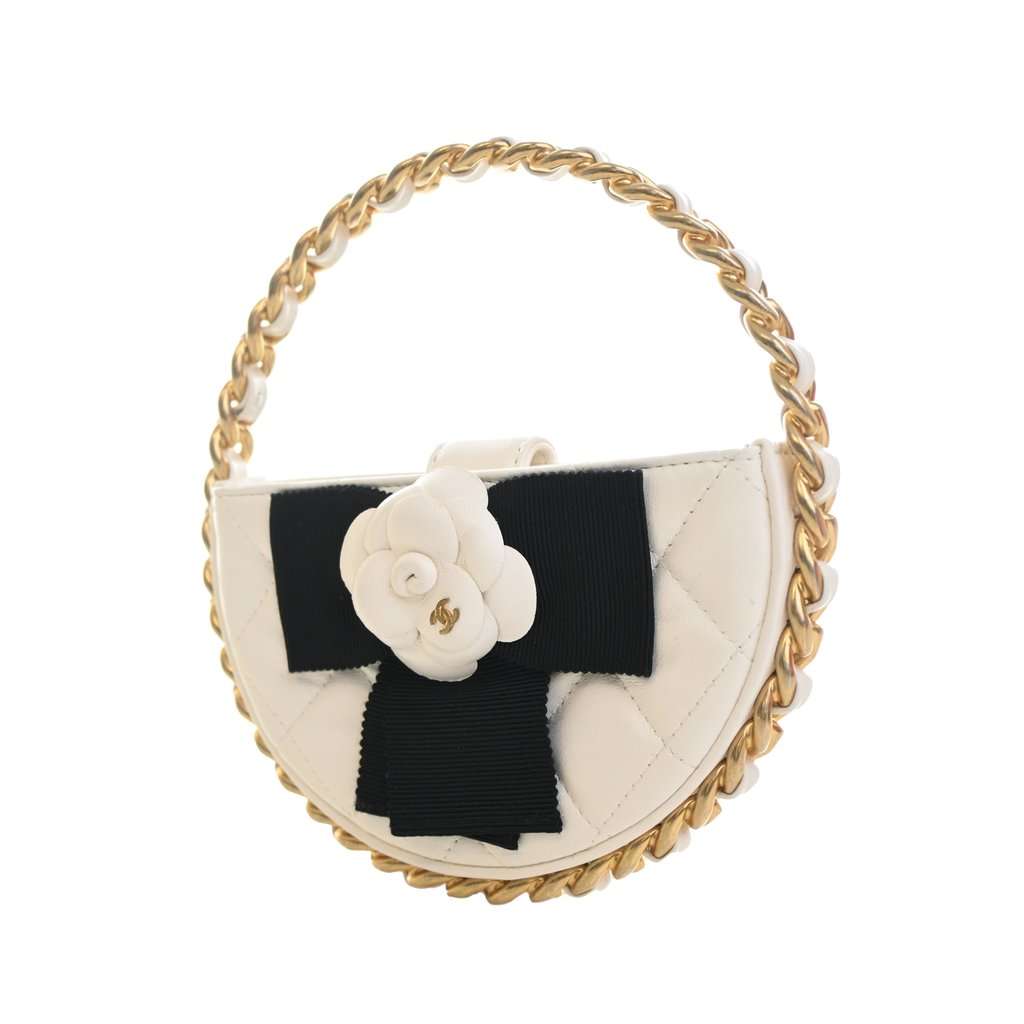 Chanel Mini Lambskin Round Camellia Clutch White Leather Very good - Back View