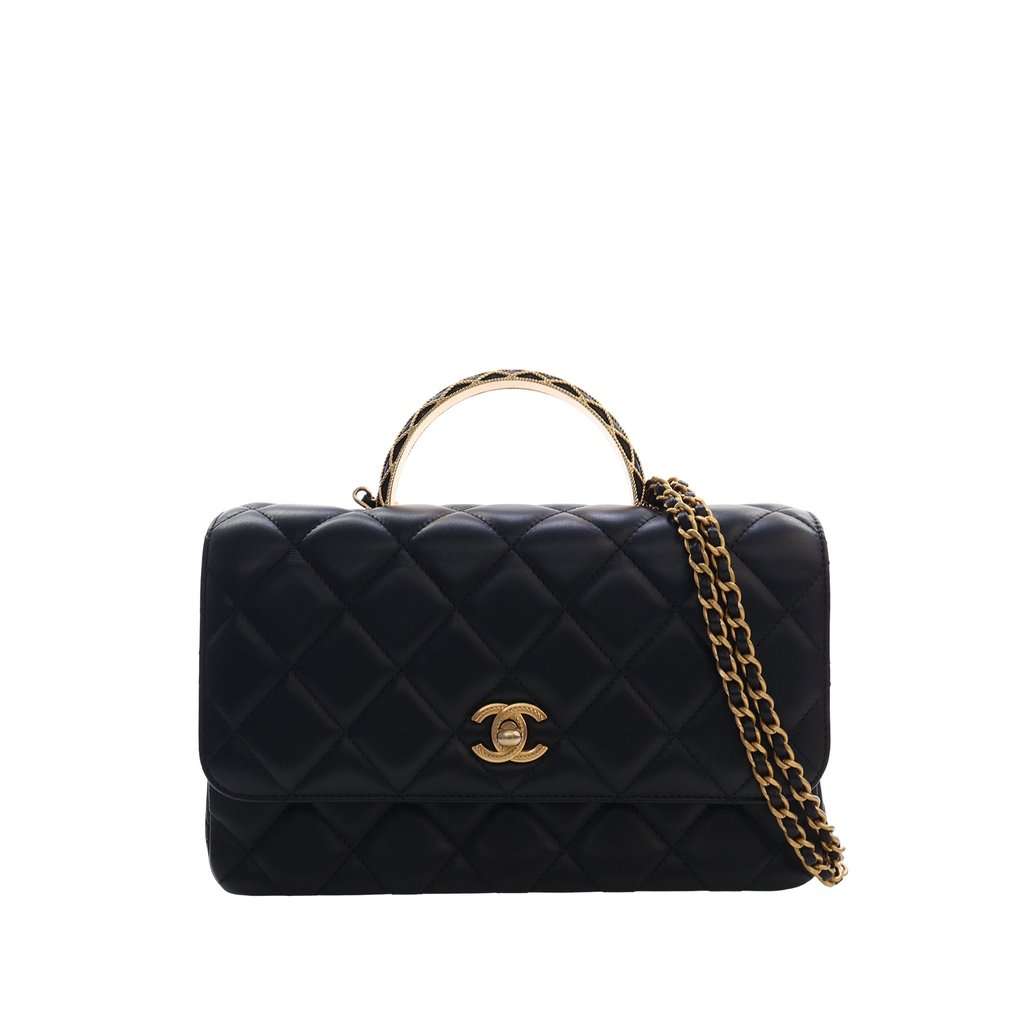 Chanel CC Quilted Lambskin Metal Twist Top Handle Flap Black Leather Very good - Front View