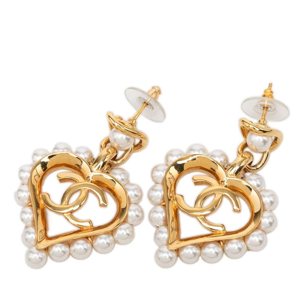 Chanel CC Gold Plated Faux Pearl Heart Cutout Drop Bullet Back Earrings Gold Metal Very good condition - Front View