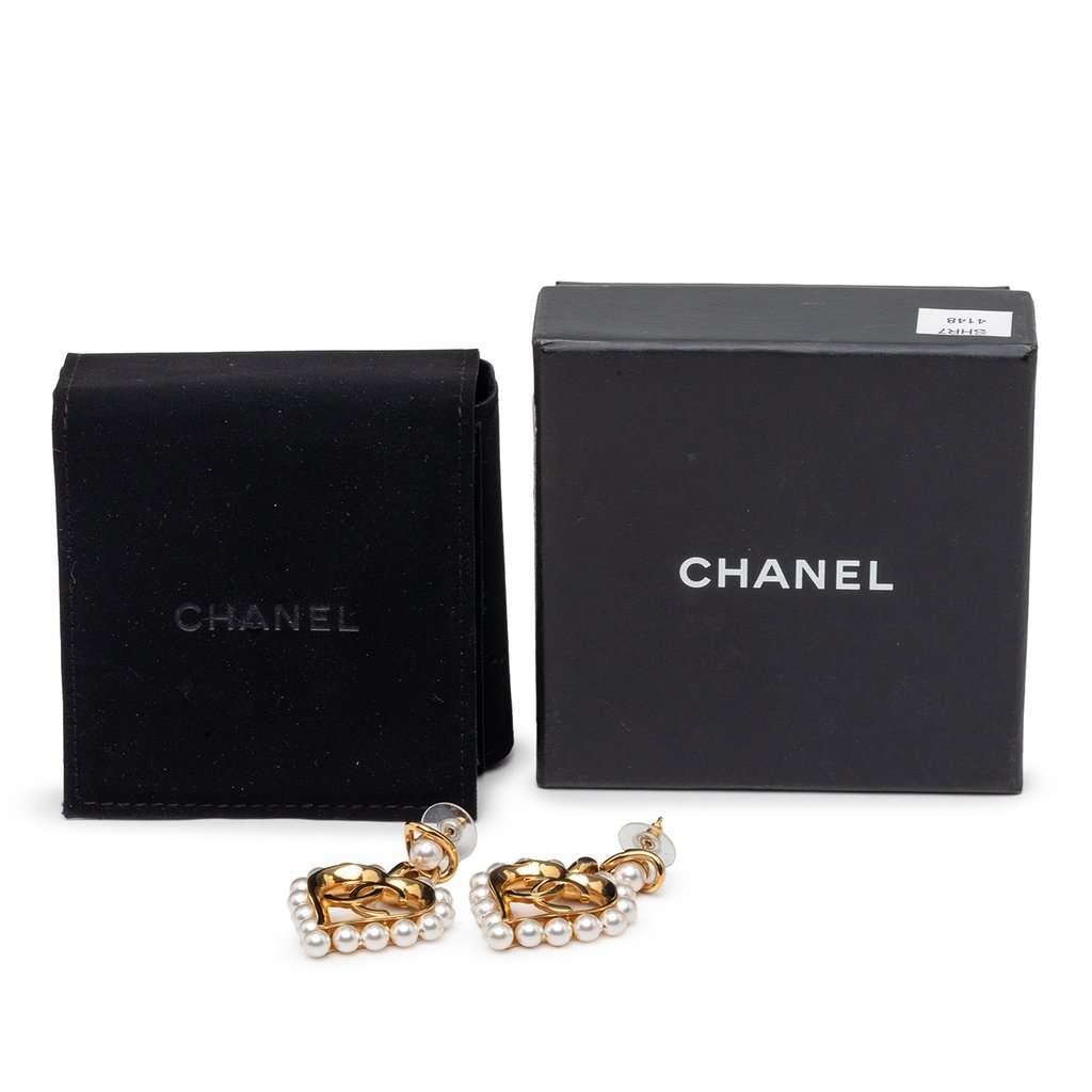 Chanel CC Gold Plated Faux Pearl Heart Cutout Drop Bullet Back Earrings Gold Metal Very good condition - Model View