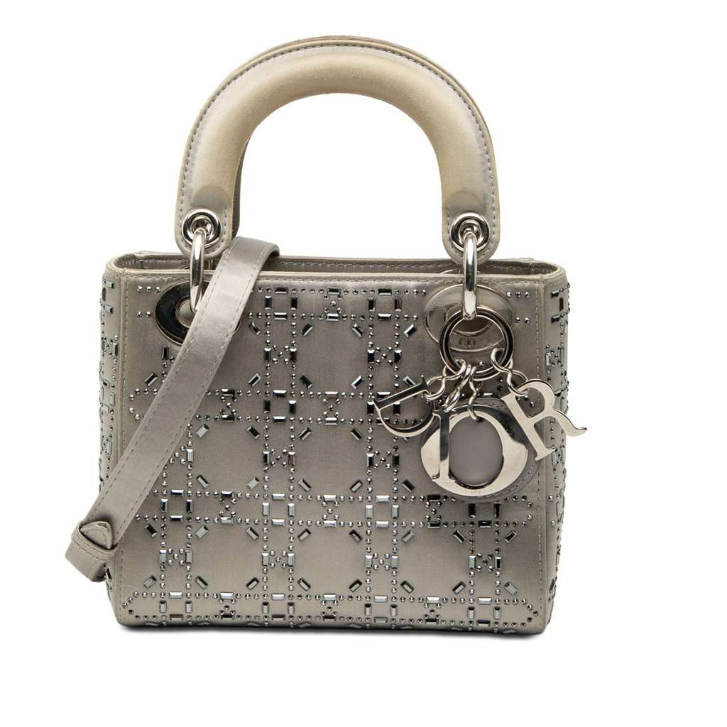 Dior Mini Satin Cannage Crystal Embellished Lady Dior Grey Very good - Front View