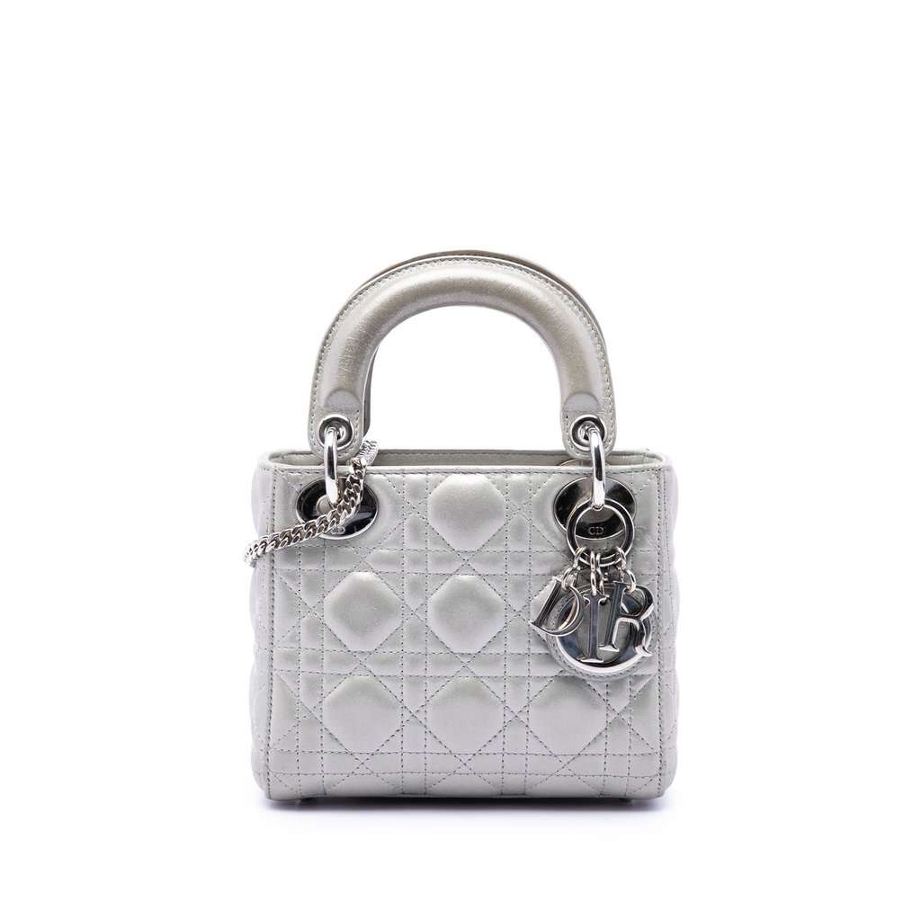 Dior Mini Iridescent Lambskin Cannage Lady Dior Silver Leather Very good condition - Front View