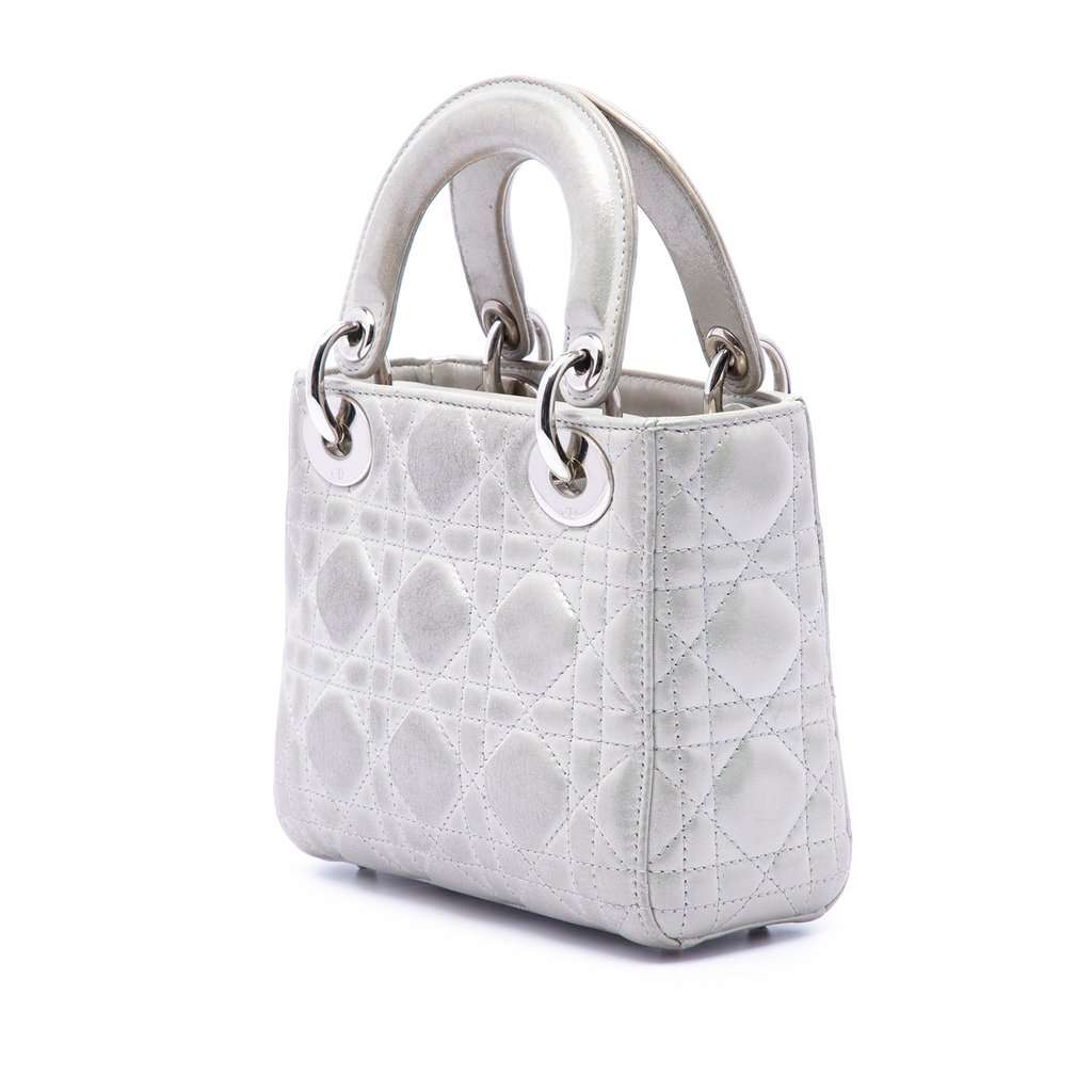 Dior Mini Iridescent Lambskin Cannage Lady Dior Silver Leather Very good condition - Back View
