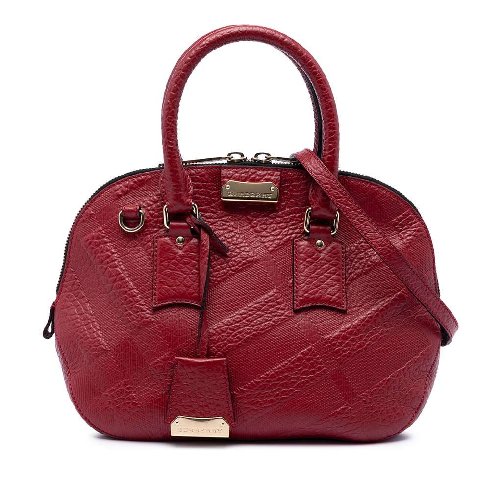 Burberry Small Heritage Grain Check Embossed Leather Orchard Bowling Bag Red Leather Very good condition - Front View
