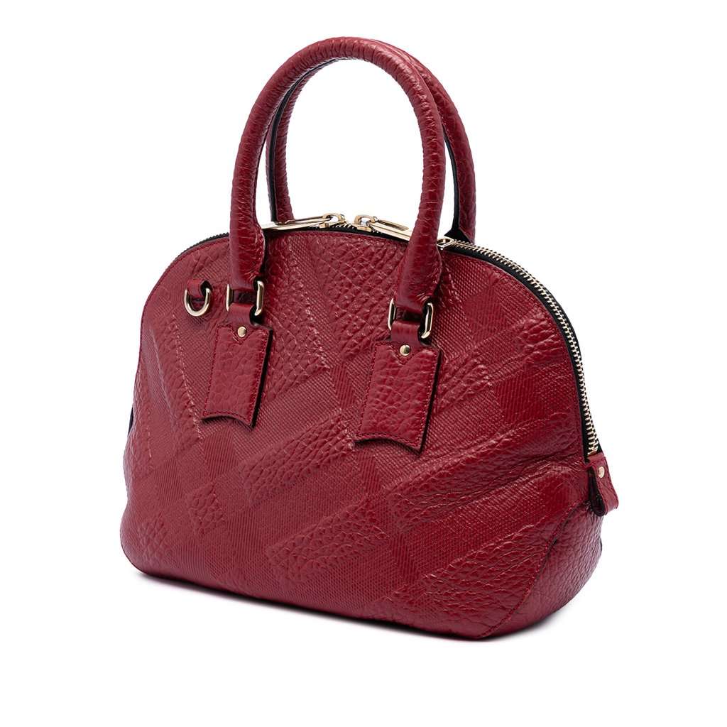 Burberry Small Heritage Grain Check Embossed Leather Orchard Bowling Bag Red Leather Very good condition - Back View