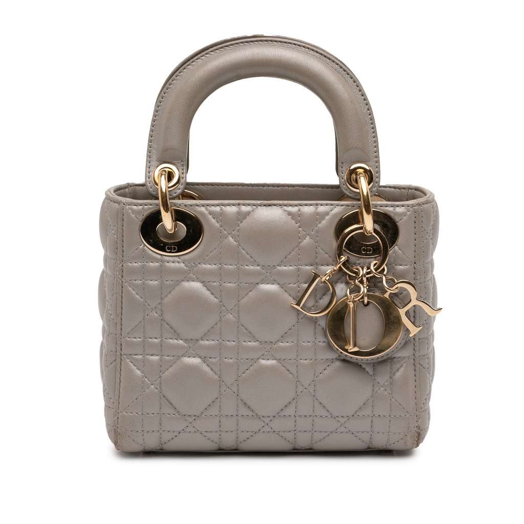 Dior Mini Lambskin Cannage Lady Dior Grey Leather Very good condition - Front View
