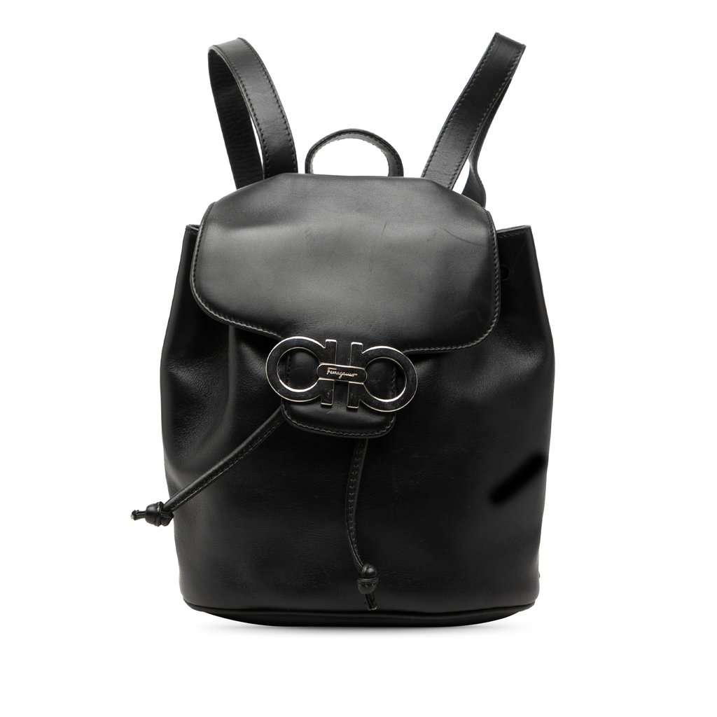 Ferragamo Leather Double Gancini Backpack Black Leather Very good - Front View