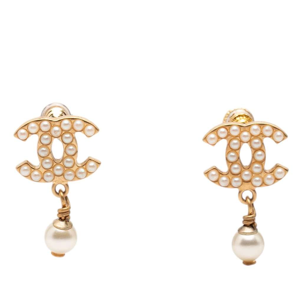 Chanel CC Gold Plated Faux Pearl Drop Push Back Earrings Gold Metal Very good - Front View