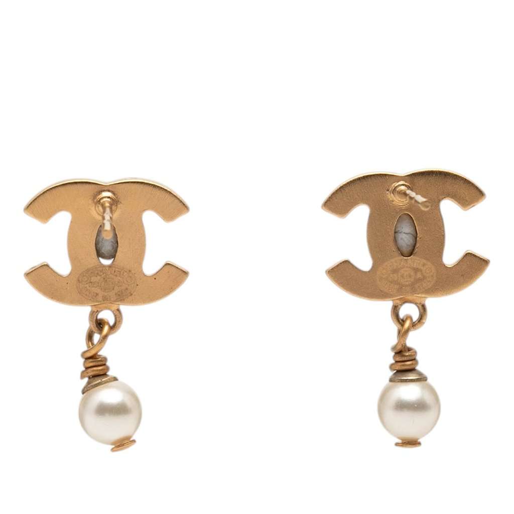 Chanel CC Gold Plated Faux Pearl Drop Push Back Earrings Gold Metal Very good - Back View