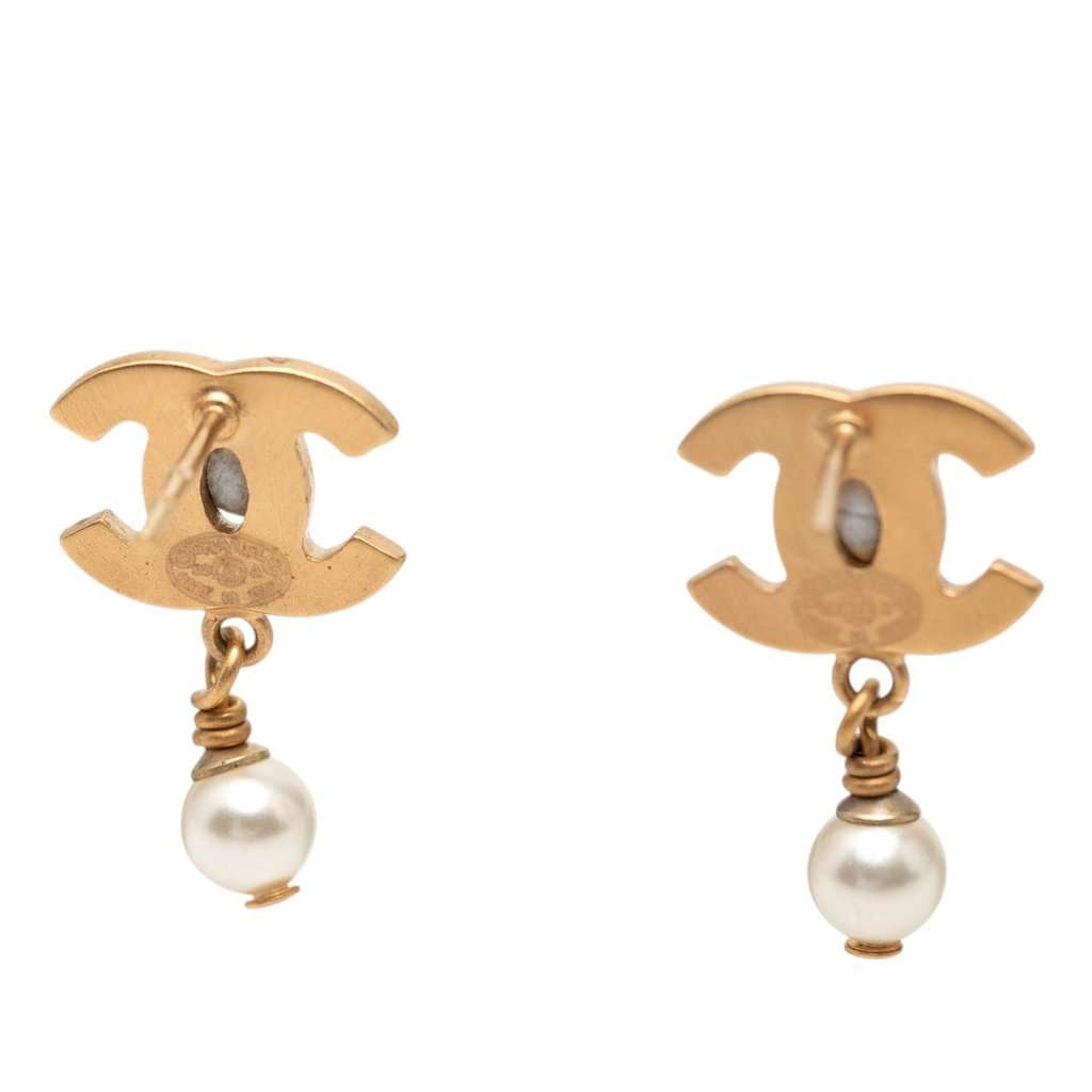 Chanel CC Gold Plated Faux Pearl Drop Push Back Earrings Gold Metal Very good - Inside View